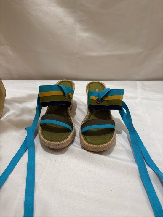 Nine West Shoes - Nine West Teal, Olive & Mustard Striped Lace-Up Espadrille Sandals